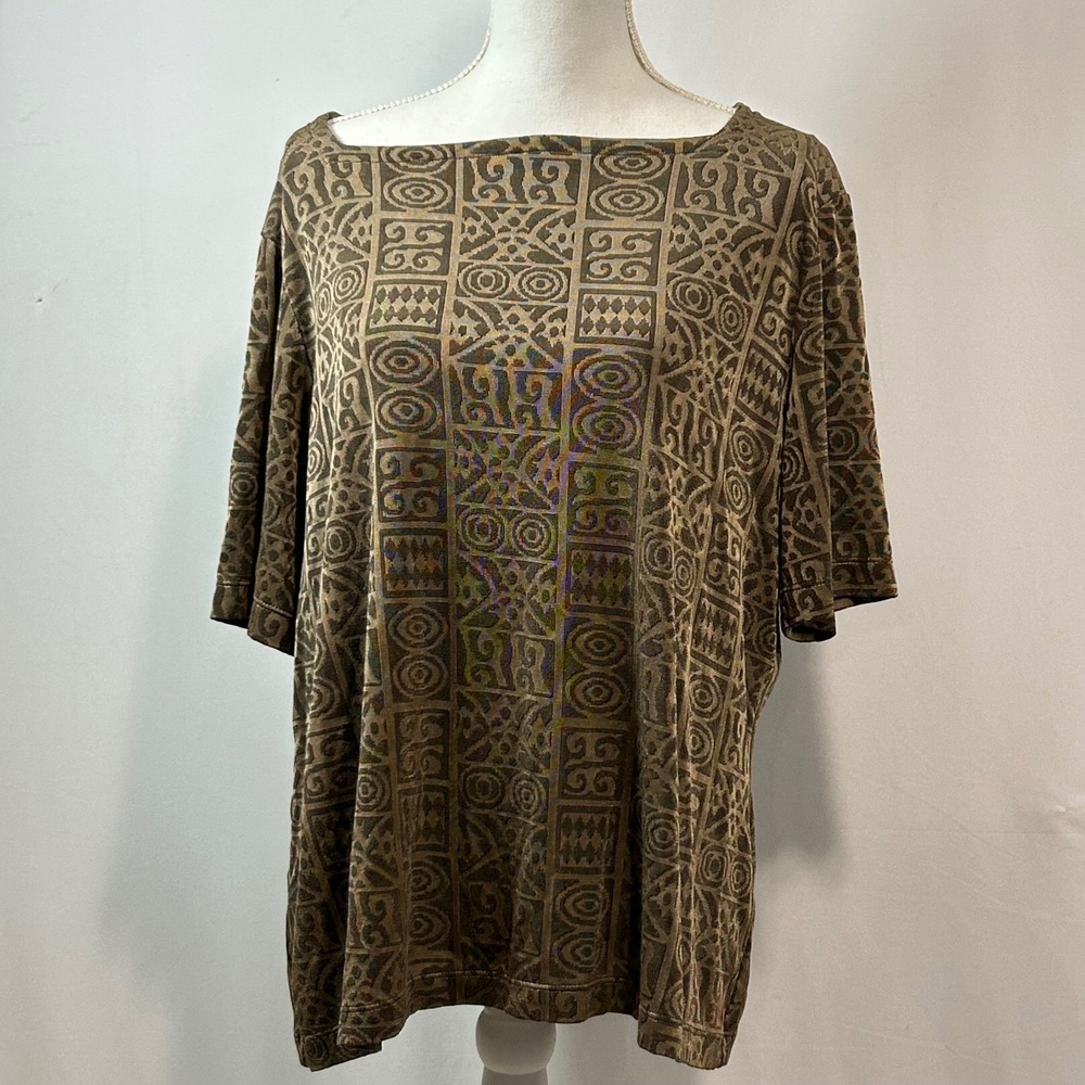 Preston & York Brown Geometric Print Acetate Blend Boxy Top XL Women's